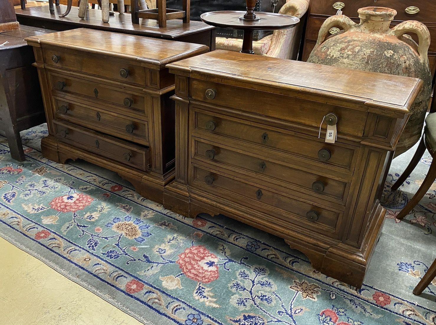 A pair of 18th century style Italian walnut low four drawer chests, width 89cm, depth 40cm, height 70cm